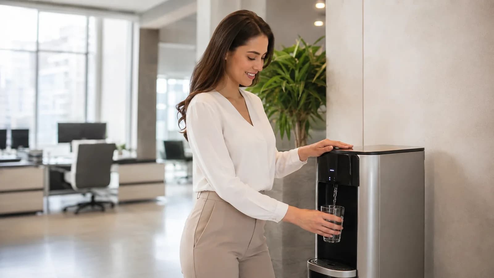 Une salariée remplit son verre d'eau fraîche à une fontaine raccordée au réseau, dans des bureaux